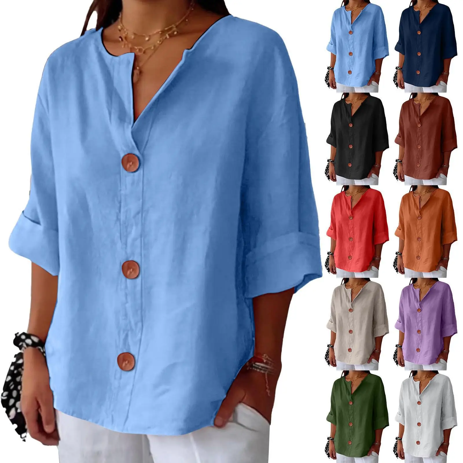 Blouse women 2026 casual New Spring Summer loose T-shirt V-neck cotton linen button-up top shirt women's clothing