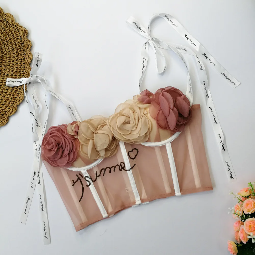 

customized women's adult perspective sexy suspender belly pocket exposed navel sexy stra cute flower strapless bra sexy lingerie