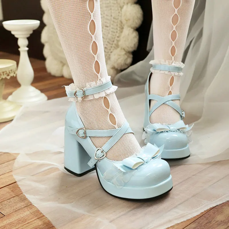 Women's Mary Janes Shoes Sweet Style Lolita High Heels Elegant Bow Wedding Shoes for Woman Exquisite Casual Shoes