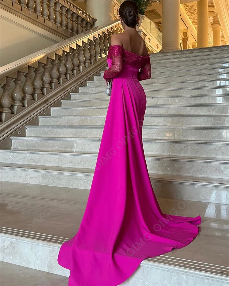 OIMG Fuschia Satin Mermaid Evening Dresses Long Shiny Sleeves Side Split Dubai Arabic Women Formal Event Prom Gowns Dress 2023