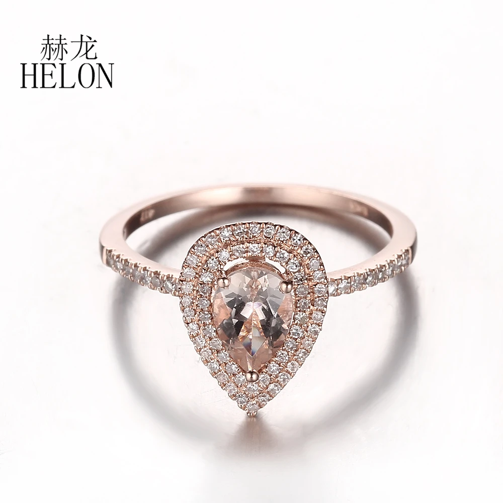 HELON Solid 18k 14K 10k Rose Gold Ring Pear Cut 5x7mm Natural Morganite Diamonds Engagement Ring For Women Fine Jewelry