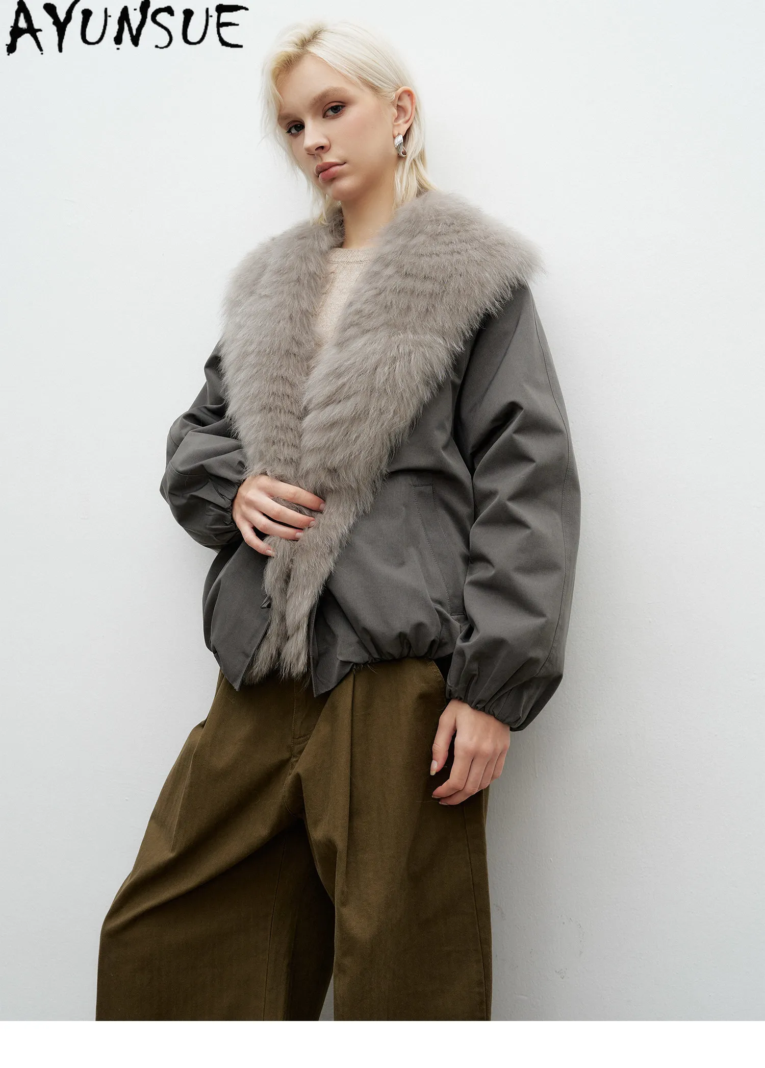 AYUNSUE White Goose Down Women Warm Winter Clothing Real Fox Fur Collar Down Jacket Loose Fit Fashion Short 2026 Пальто Женское