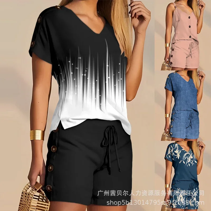 Women Spring Summer Short Set Short Sleeves V Neck Solid Color Button Lace-up Casual Fashion Comfortable Regular Standard Fit