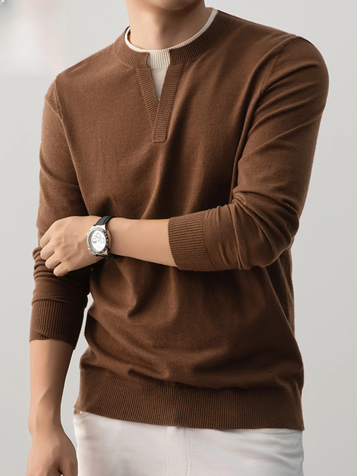 

Мужской повседневный вязаный шерстяной свитер с круглым вырезом, тонкий, осенний, модный, базовый слой, удобный, мягкий, с длинными рукавами