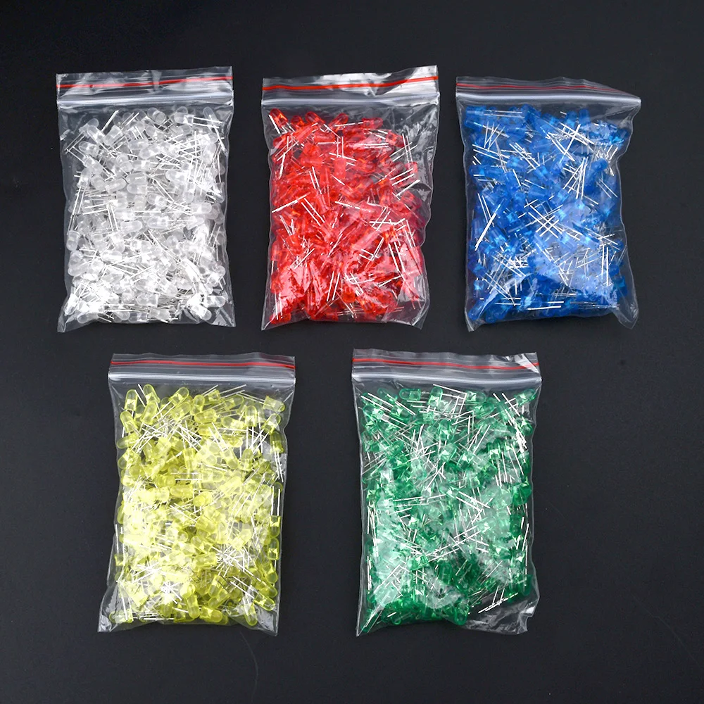 1000PCS F5 5MM LED Diode Assorted Kit Straw Hat LED Diodes White Red Blue Green Yellow DIY Light Emitting Diodes