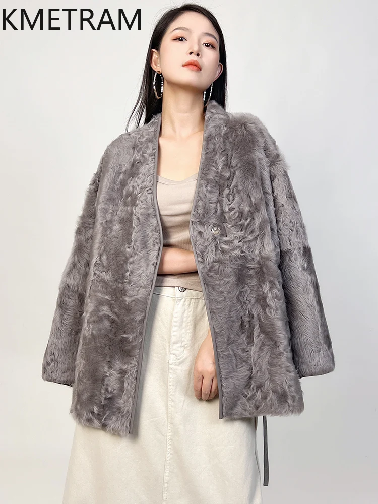 Giacca di pelliccia double face in lana di pecora naturale Donna Cappotto di pelliccia reale con scollo a V grigio di lusso Donna Abiti invernali 2025 шуба ж miscecud