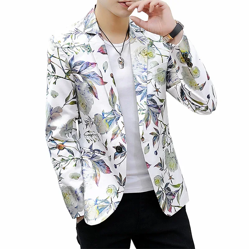 

White Men Flower Blazer Coat, Asian Size Long Sleeve Suit Jacket Blue Black Jaqueta Male Slim Fit Outerwear M-6XL