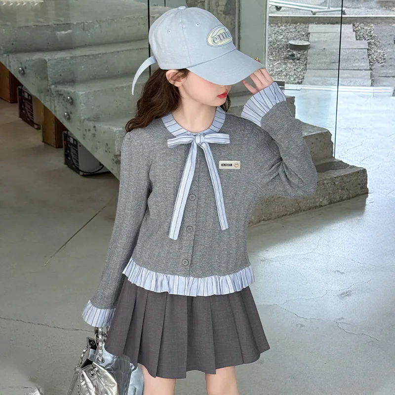 الفتيات مجموعة الربيع والخريف النمط الغربي فراشة عقدة الربط الدانتيل قميص تنورة قابلة للطي قطعتين مجموعة عصرية