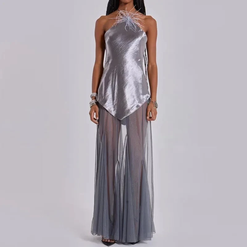 

Sexy Sleeveless Off Shoulder Mesh Spliced Dress Elegant Hollow Out Halter Evening Dress Summer Solid Color Slim Dresses