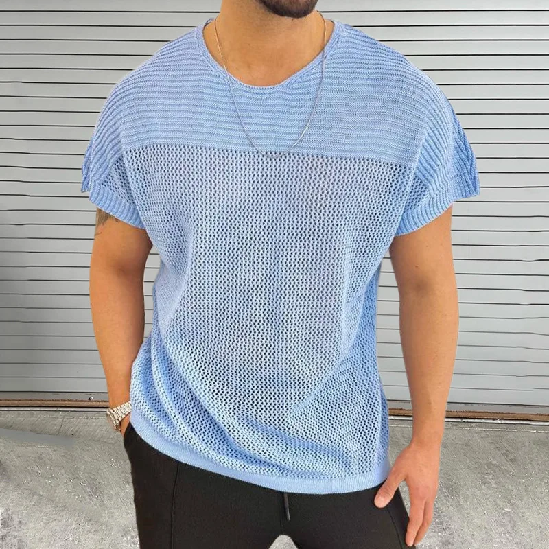 

Thin Hollow Knitted Sweater Men's Round Neck Short-sleeved Pullover Summer Slim-fit Men's Clothing