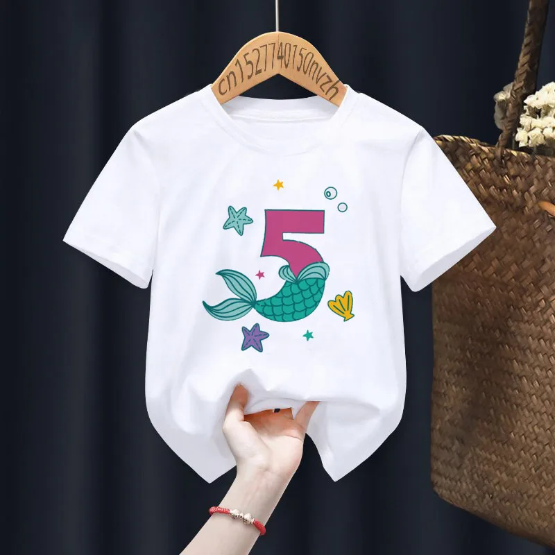 Mermaid Birthday number 1-6th Print Boys/Girls White T-shirt Kid Summer Harajuku Kawaii Funny Little Baby Y2K Clothes,Drop Ship