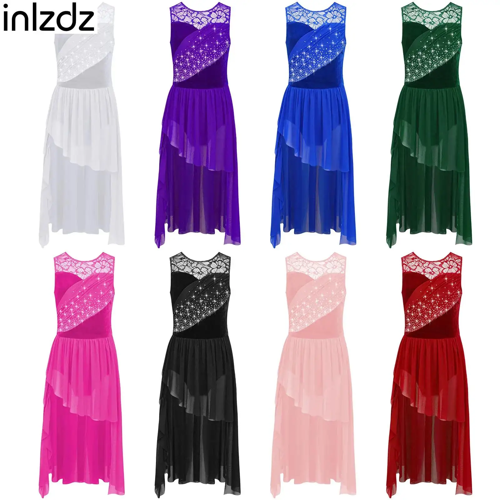 

Kids Girls Contemporary Performance Dress Lyrical Modern Dance Costumes Lace Patchwork Ruched Rhinestones Mesh Overlay Dresses