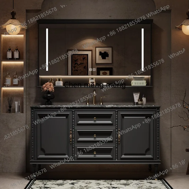 Oak Lacquered Floor-to-Ceiling French Vintage Bathroom Cabinet Combination Double Basin Vanity Luxury Stone