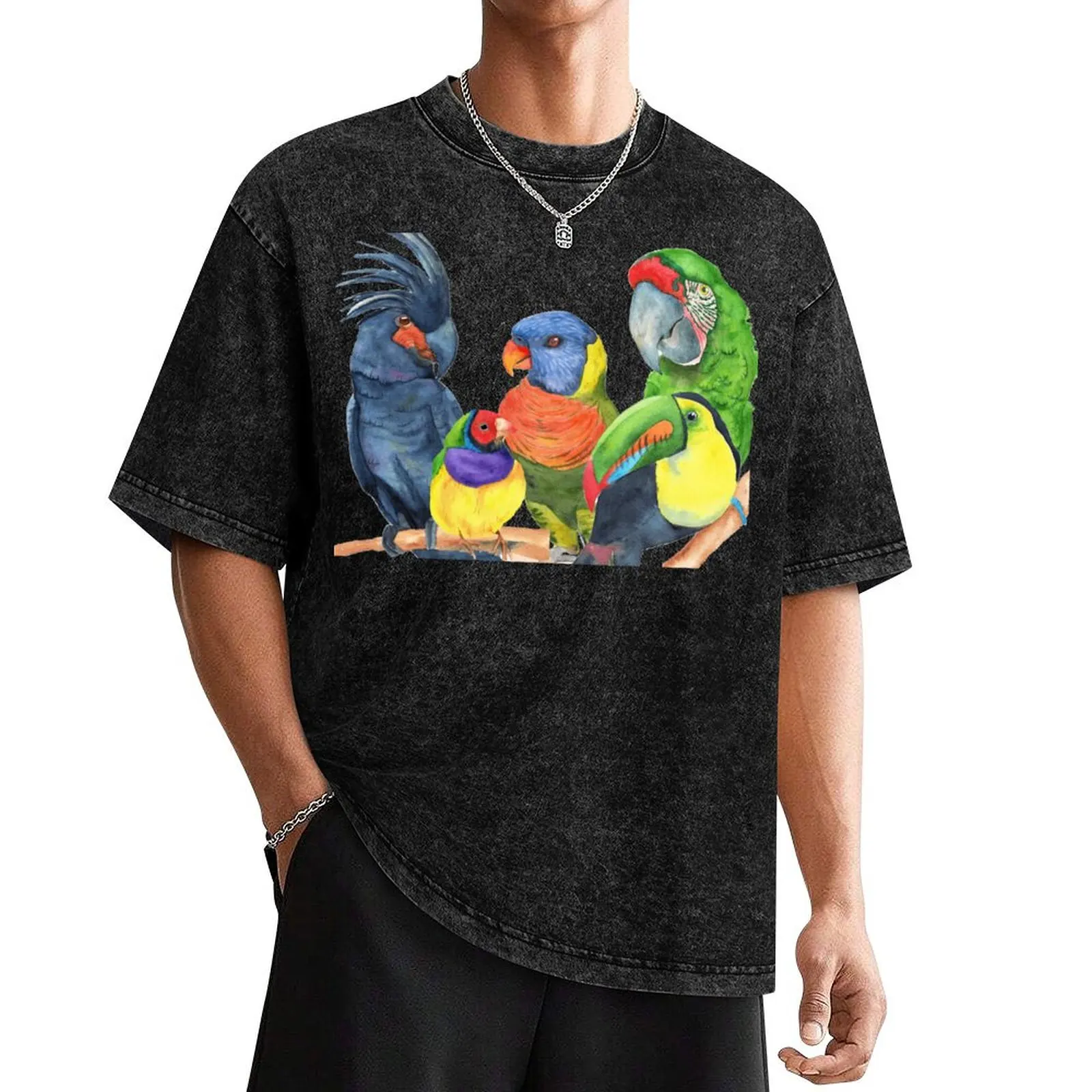 

parrots bird watercolor toucan finch lory, cockatoo, macaw T-Shirt Short sleeve tee anime mens t shirt