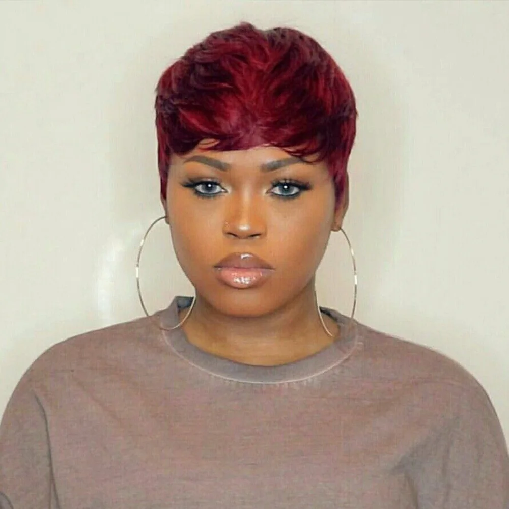 Pixie Cut Wig Short Layered Burgundy Human Hair Wigs With Bangs Full Machine-Made For Natural Look Casual Wig