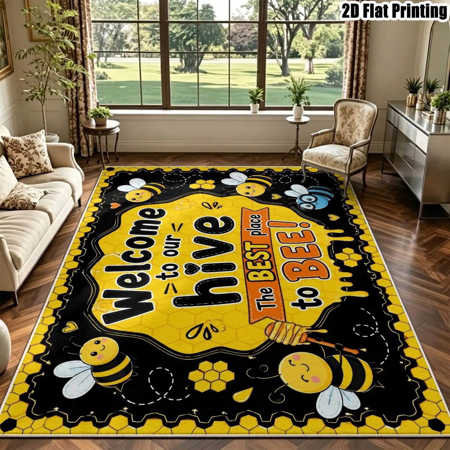 1Pc 2D Printed Velvet Carpet, Yellow Bee Cartoon Nordic/Instagram Style, Machine Washable, Multi-Size, Home Decor Floor Mat