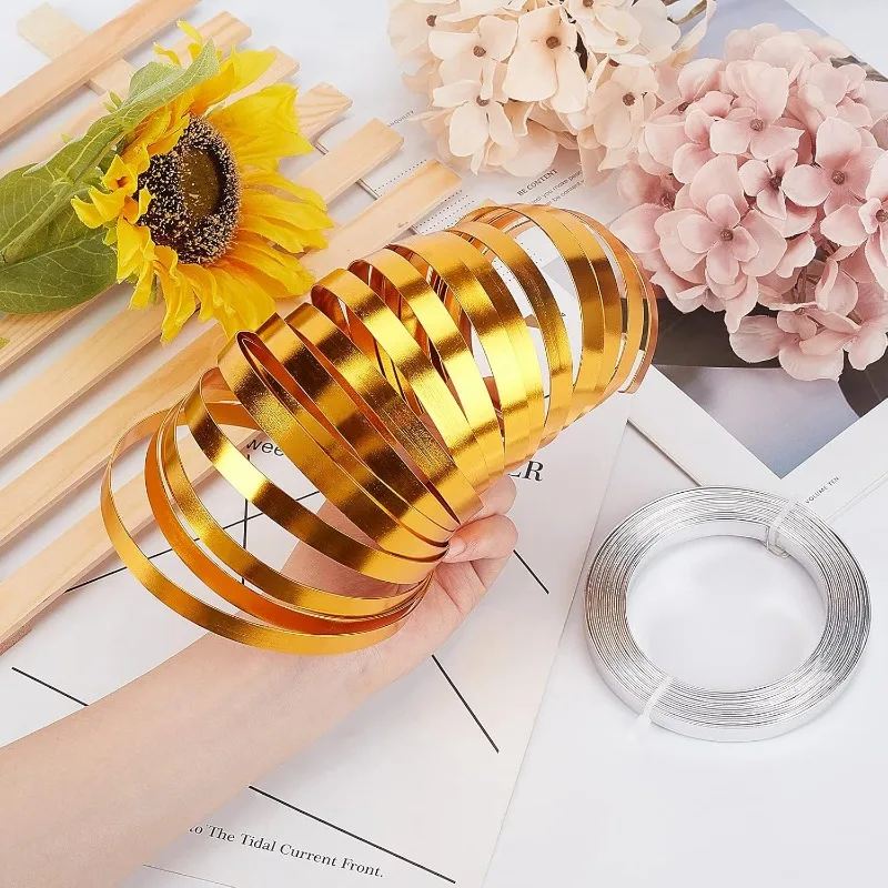 2 Rolls 33 Feet Gold Sliver Flat Jewelry Craft Wire 10mm Wide Aluminum Wire for Bezel Jewelry Making Sculpting Armature Craft
