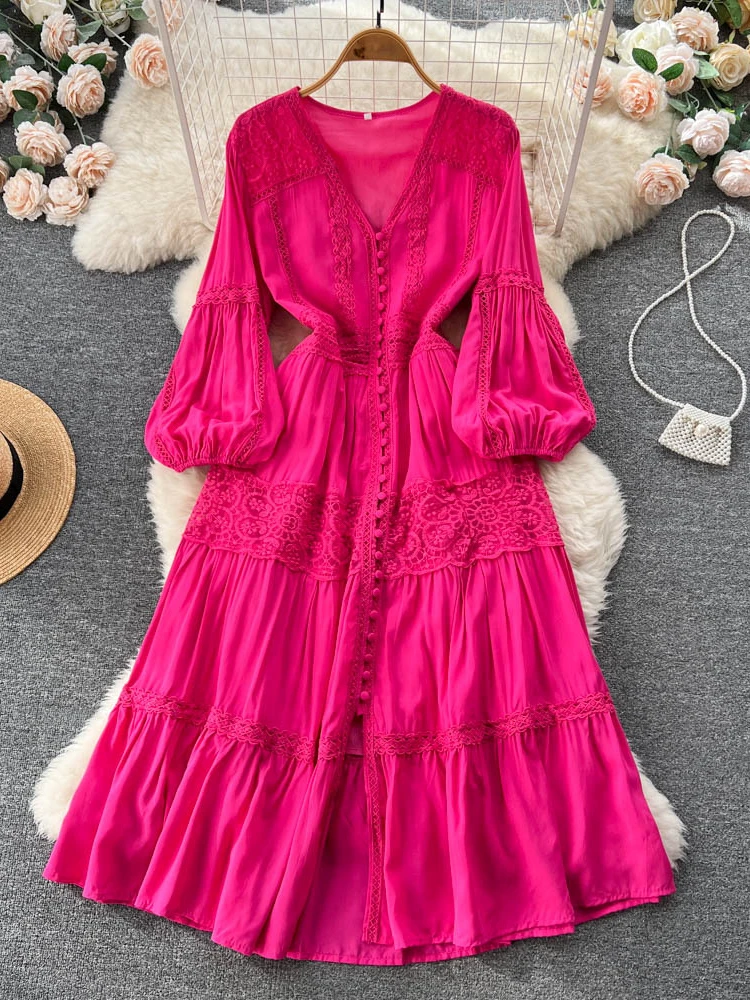 Spring Autumn Elegant Evening Party Dress Women Fashion Bubble Sleeve French Vintage Long Dresses Ladies Casual Beach Dress