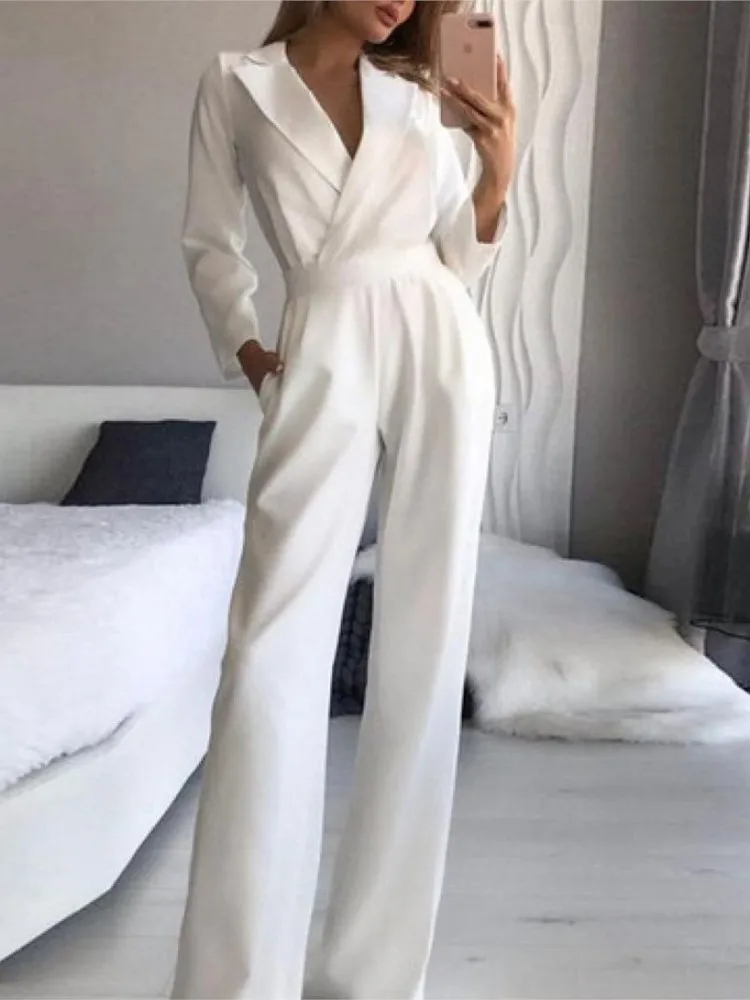 

Solid Color Full Jumpsuit Women Summer Lapel Tops & Wide Leg Pants Fashion Black Jumpsuit Elegant Women Fall Clothes 2024 Women