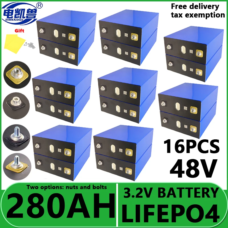 

16PCS LiFePO4 3.2V 280Ah Battery Cell Grade A 6000+ Cycles Free Busbar For DIY 12V 24V 48V Lithium Battery Pack EU/US TAX FREE