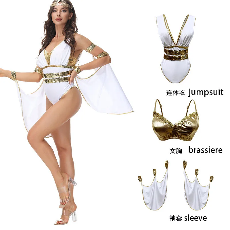 Disfraz de diosa griega mono corsé dorado con mangas blancas traje griego vestido de hada de la diosa Atenea