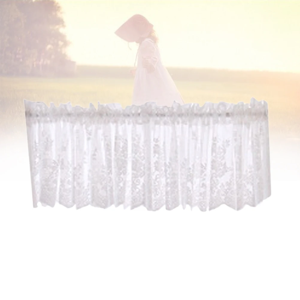 Krótka koronkowa półkurtyna dekoracyjna na okno, biała, 74x61cm, miękka, wentylowana, chroniąca przed słońcem, do kuchni, salonu, na balkon.