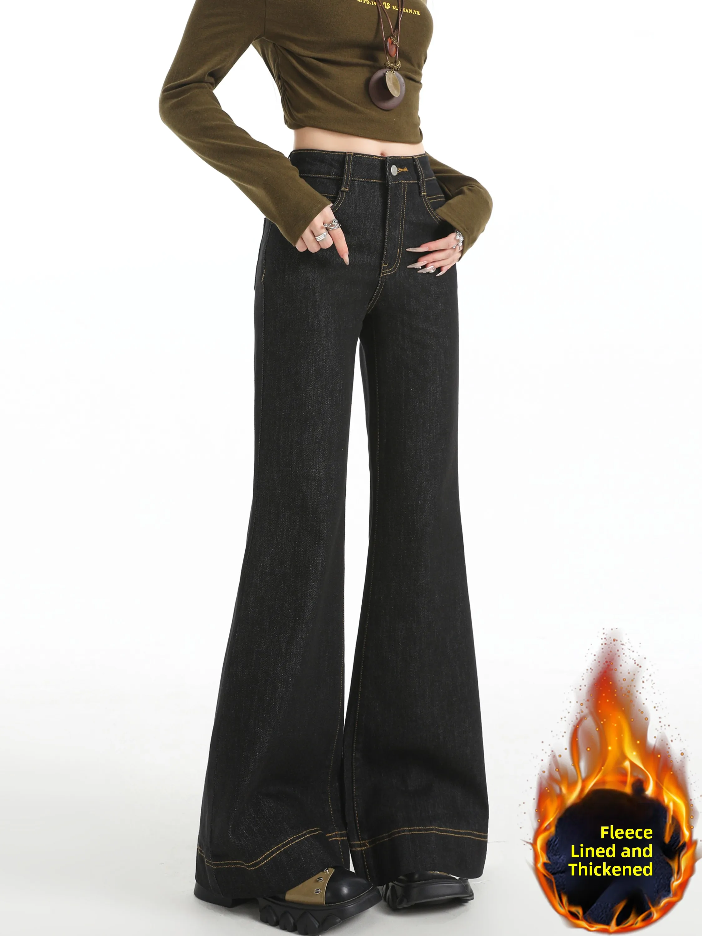 

Thiened Fce зимние джинсы-колокольчики с высокой талией, женские брюки длиной до пола, теплая джинсовая смесь хлопка и полиэстера