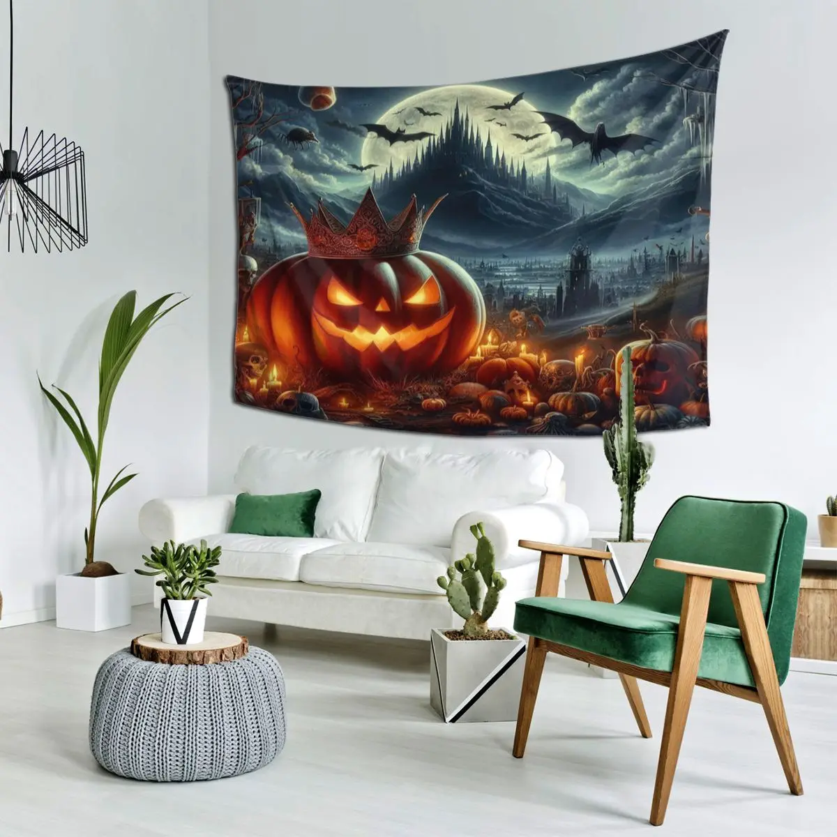 Pumpkin Lantern With Crown And Gloomy Landscape Halloween Pumpkin Tapestry Art Wall Hanging Aesthetic Home Decoration Tapestries