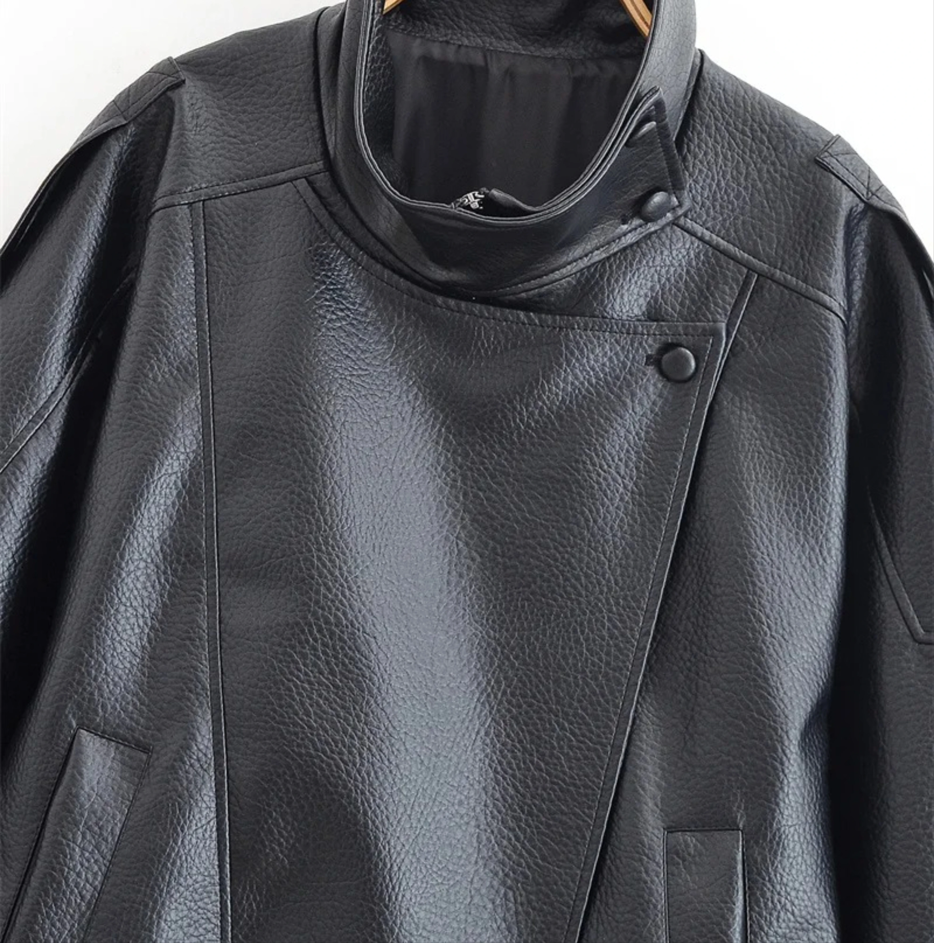 Women's Jacket  New Black Long Sleeve Pebble Faux Leather Jacket Motorcycle Style Personality Fashion