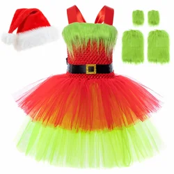 Santa Claus Monster Costume Kids Girls Christmas Tutu Dress Outfit Toddler Girls Halloween Green Fur Monster Dress Up Clothes