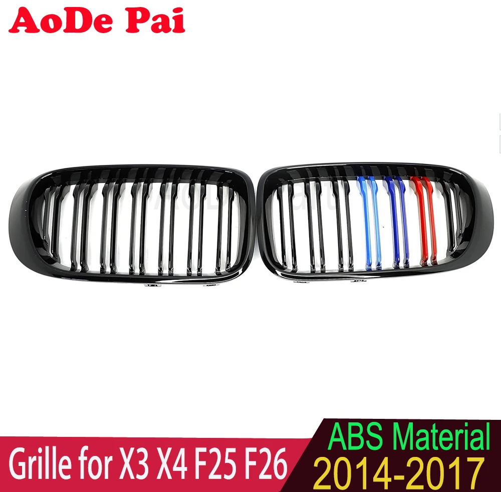 For BMW X3 X4 F25 F26 2014-2018 Front Bumper Kidney Grid Grille Mesh Hood M Color Gloss Black