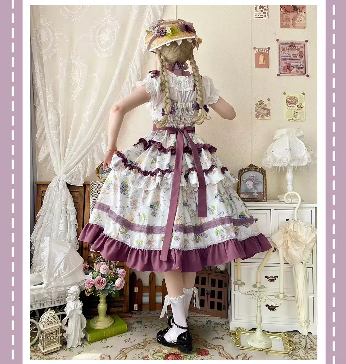 Kawaii Grape Print Princess Dress with Ruffles Bow Vintage Victorian Style Evening Party Sweet Elegant Lolita Jsk Dress for Wome view 3