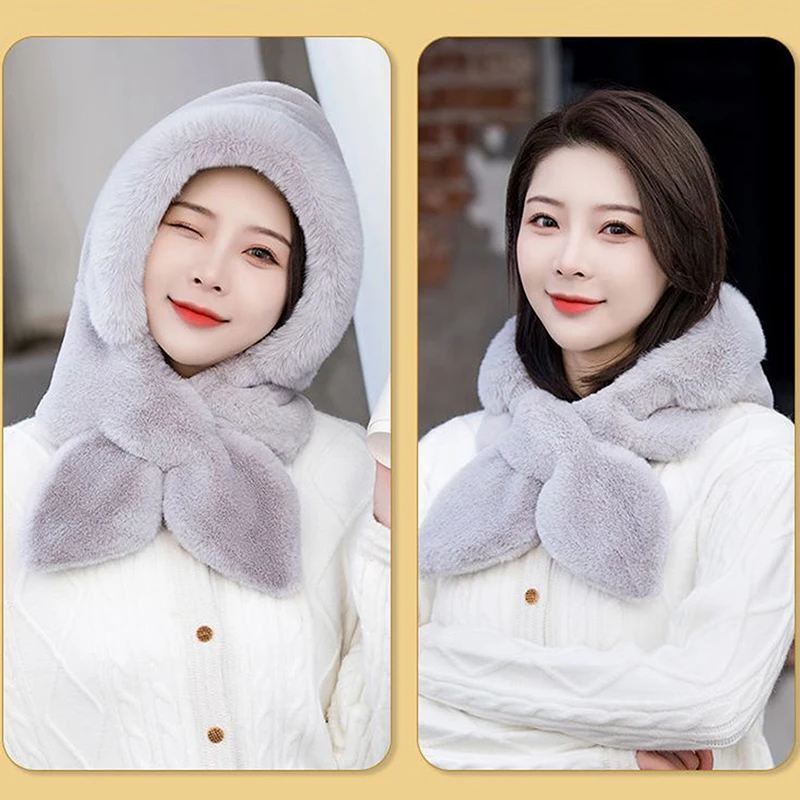 

Women Winter Hood Beanies Thick Plush Scarf Hat Set Outdoor Ski Windproof Warm Headgear Solid Fluffy Fur Female Earmuffs Cap