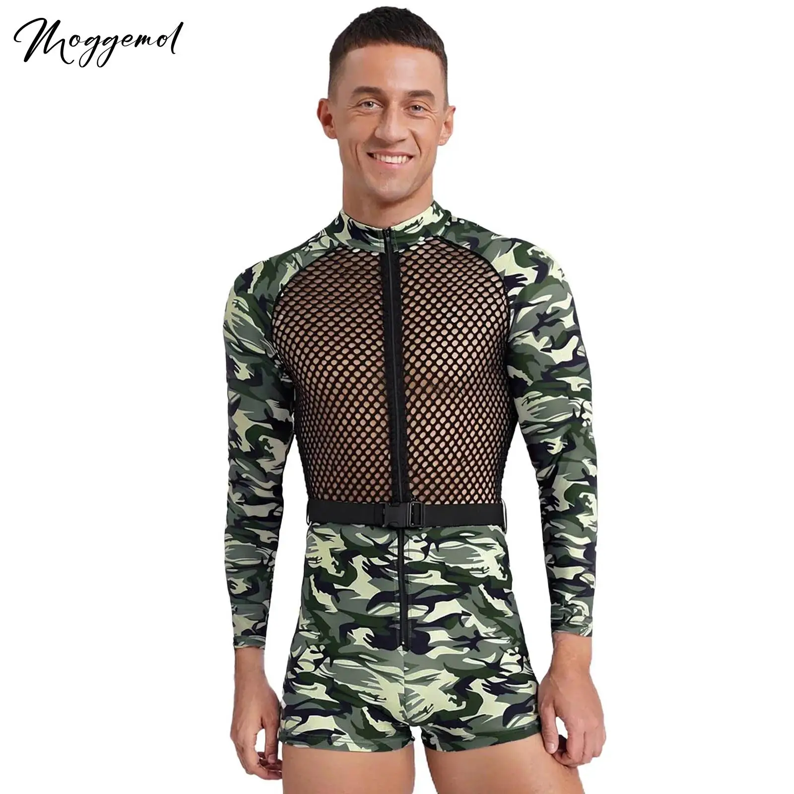 

Mens See Through Mesh Fishnet Patchwork Camouflage Jumpsuit Long Sleeve Front Zipper Bodysuit with Buckle Belt for Halloween