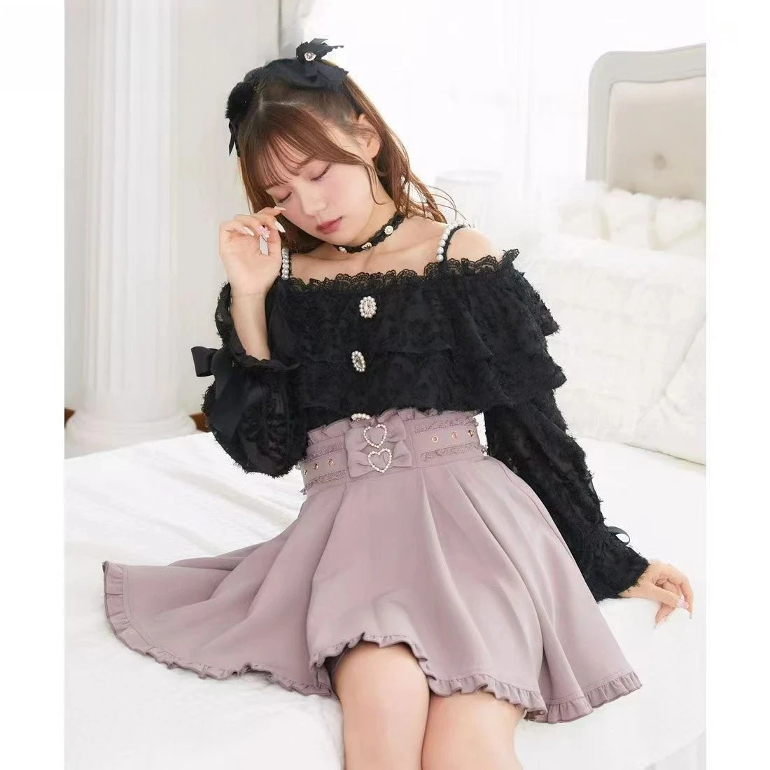 Rojita Camicia da donna a maniche lunghe con spalle scoperte e cinturino in perle Autunno stile giapponese Lolita Dolce e carino camicetta versatile per ragazze