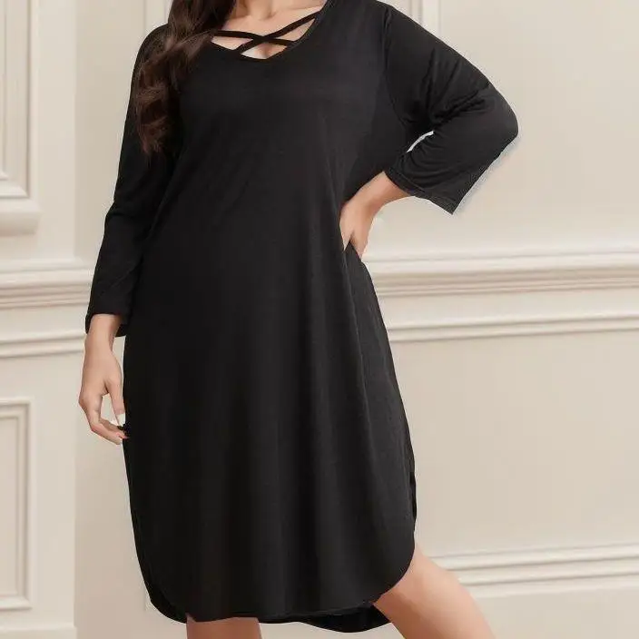 

Женская длинная ночная рубашка размера плюс, повседневная ночная рубашка трапециевидной формы из полиэфирного волокна, длинное свековое круглое платье на молнии