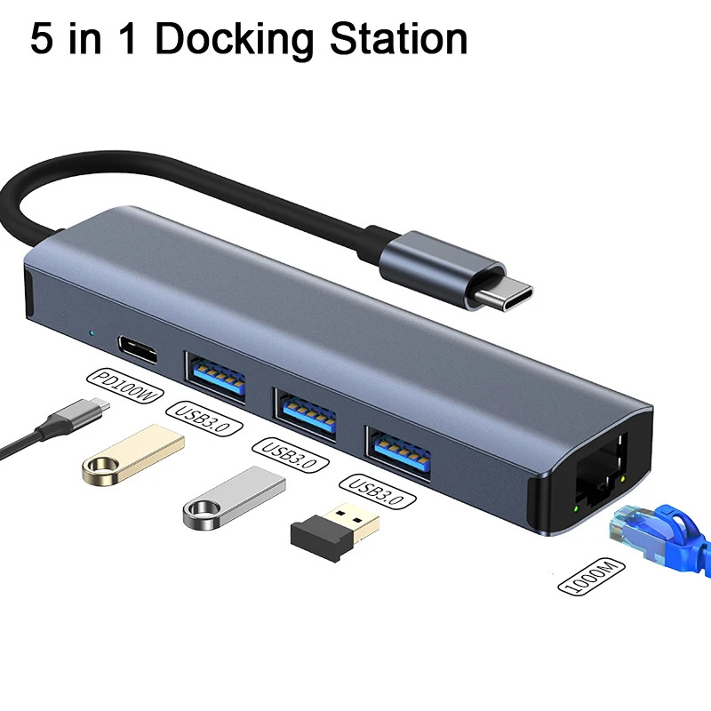 5 In 1 Usb-C Hub 3.0 1000mbps Rj45 Ethernet Hub Expansion Base Type-C Pd100w Base Multifunctional Expansion Adapter