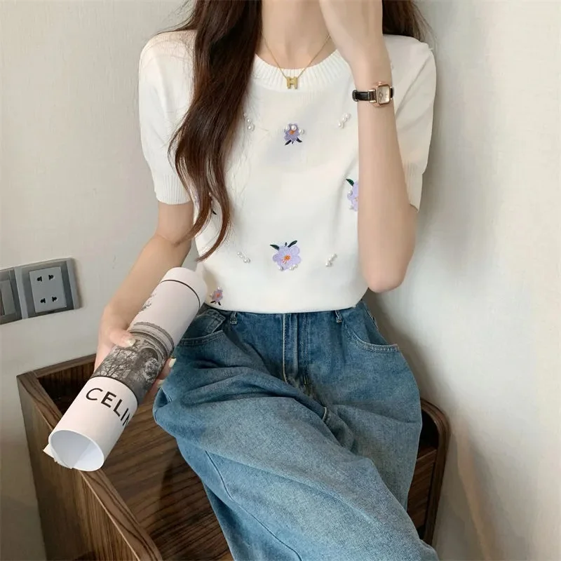 Women Summer Chic Embroidery Floral Pearl Black Knit T-Shirts 2025 Lady Graceful Slim Short Sleeve Tees Daily Joker Tops Female