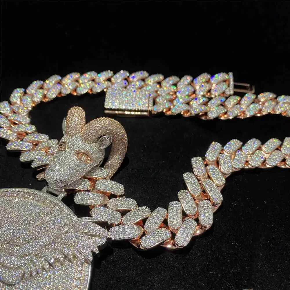 Luxury Iced Out 20mm Rose Gold Vvs Moissanite Hip Hop Jewelry Miami Cuban Link Chain d Color Diamond Moissanite Cuban Link Pass