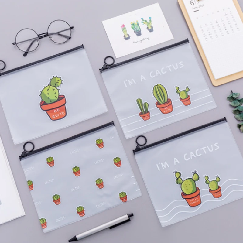 Cute Transparent Cartoon Cactus Frosted Stationery Storage Bag Waterproof Large Capacity Student Pen Bag Office Desk Accessories