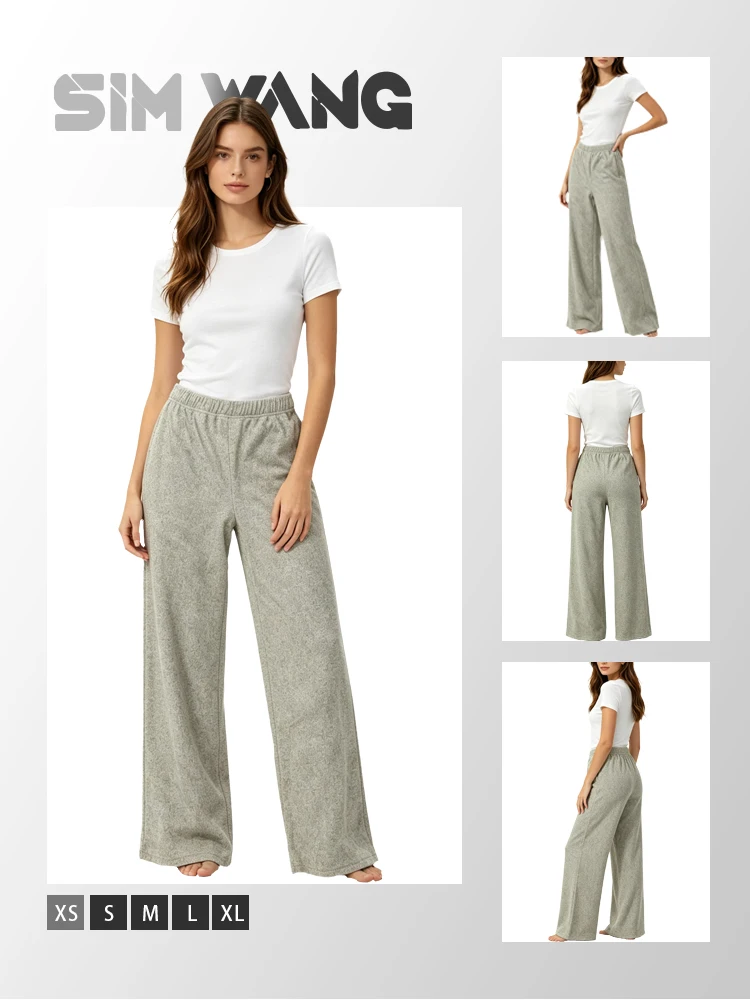 Solid-color wide-leg pants with elastic drawstring, high-waisted, straight-leg, casual long pants