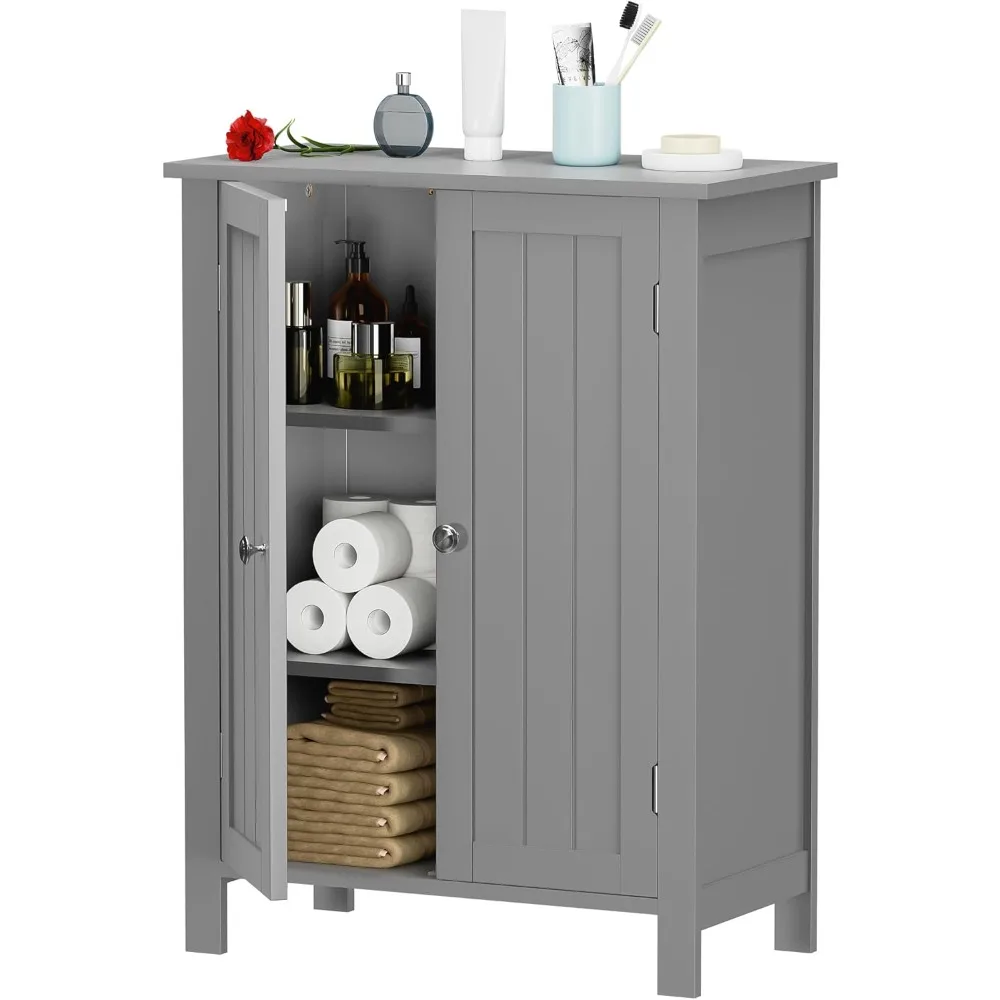 

Bathroom Floor Storage Cabinet Free Standing Side Organizer, Tall Kitchen Pantry Entryway Cupboard with Double Doors