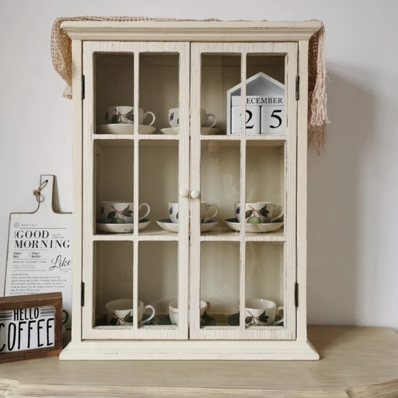 

‌French Vintage Wall Cabinet,Distressed Wood Storage for Kitchen,GlassDoor Dish Display Cabinet,Cupboard with Adjustable Shelves