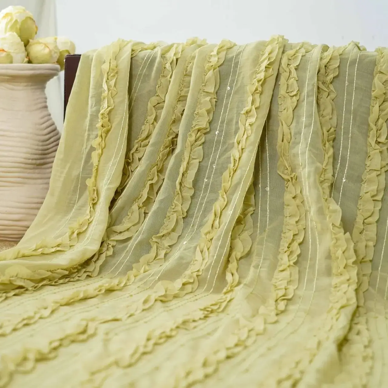 

New 3D Double-Layer Lace Sequin Embroidered Fabric DIY Wedding Dress Half Skirt Draped Decorative Chiffon Fabric