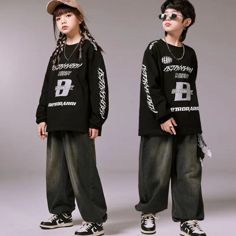 

Boys Hip Hop Oversize Shirt Street Dance Pants Girls Streetwear Tops Joggers Denim Baggy Clothing Kids Jazz Showing Costumes