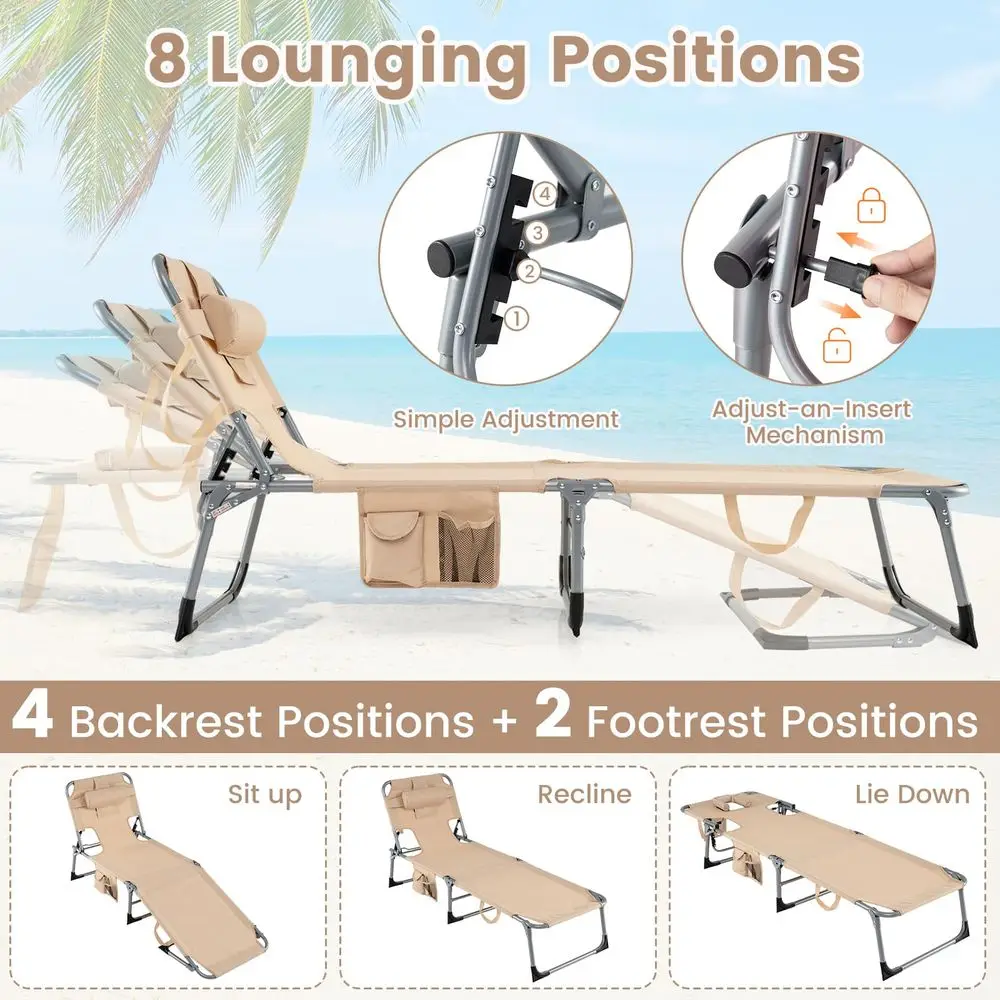 

Tanning Chair with Face Hole, Folding Beach Lounge Chair with 4Position Adjustable Backrest, Pillow amp Side Pocket, Foldable Ch