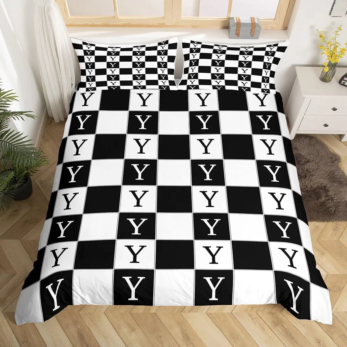 Black White Checkered Bedding Set Plaid Initial Letter Duvet Cover Buffalo Check Grid Comforter Cover,Farmhouse Gingham Bed Set