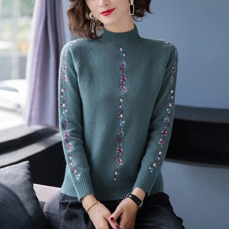 Casual Half High Collar Sweaters Autumn Winter New Stylish Plant Embroidery Women's Clothing Long Sleeve Vintage Knitted Jumpers