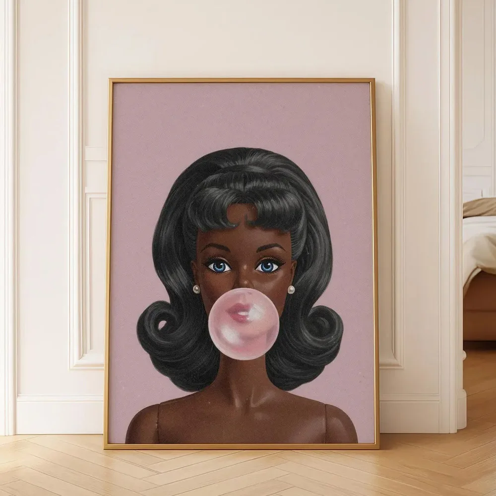 1pc Unframed Bubblegum Black Girl Fashion Retro Pop Art Canvas Poster Trendy Y2K Preppy Wall Art Aesthetic Decor Funky Painting