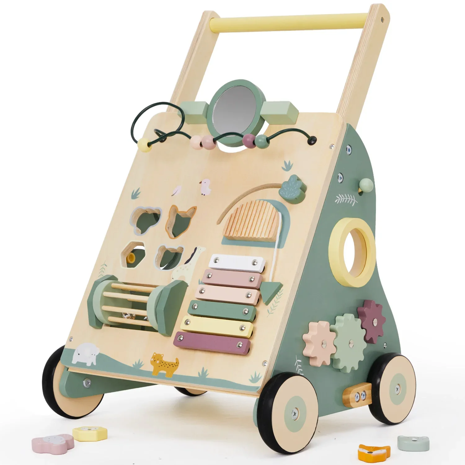 Anti-Rollover Puzzle Forest Wooden Baby Walking Walker Children'S Multi-Functional Wooden Walking Trolley